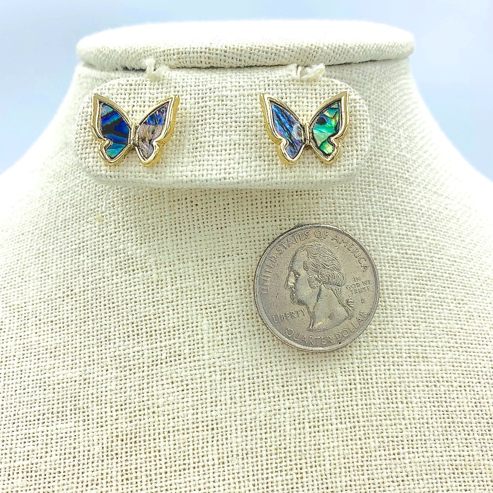 Abalone Butterfly Stud Earrings - Gold Tone